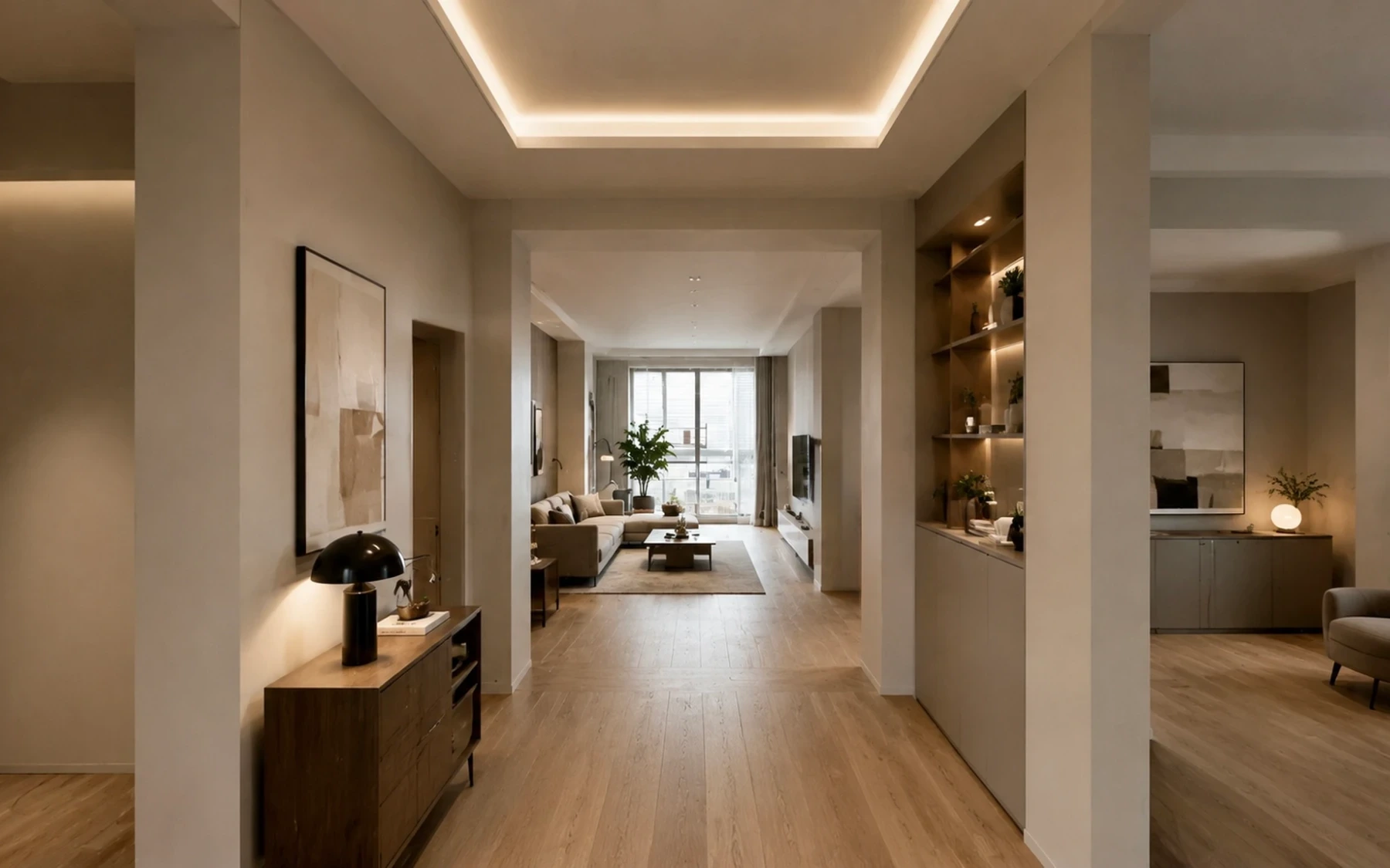 Hallway after renovation: recessed ceiling with LED cove lighting, engineered oak floor, walnut console, lit built-in shelving and a view through to the living room with a full-height window