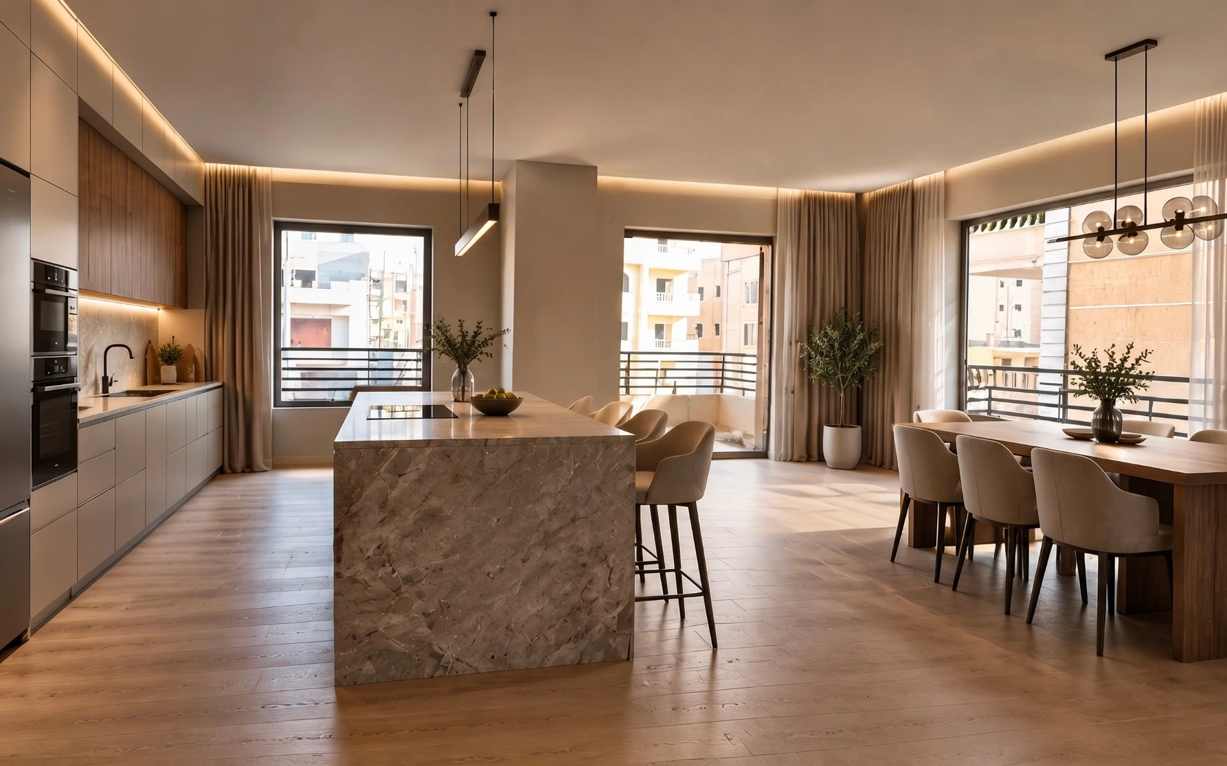Kitchen and dining room after renovation: handleless kitchen with built-in appliances, stone-clad island with bar stools, oak dining table for eight, cove lighting along the ceiling, oak floor and full-height windows with curtains